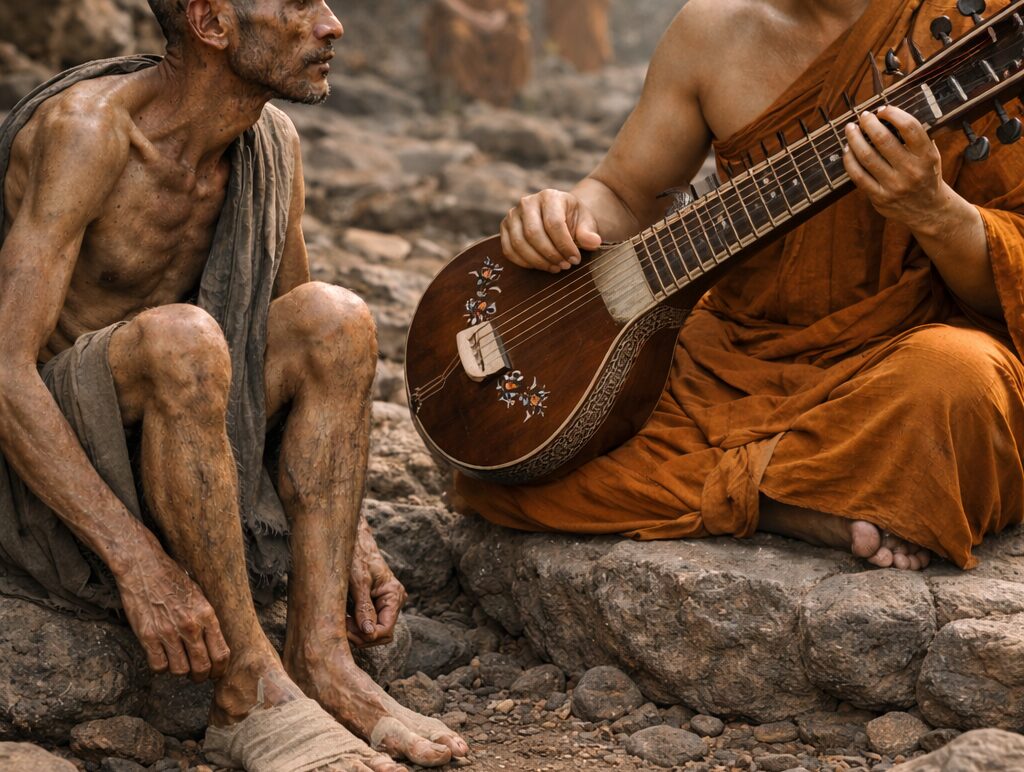 Buda al lado de Sona, sosteniendo un Sitar y afinándolo para explicar la metáfora del equilibrio.