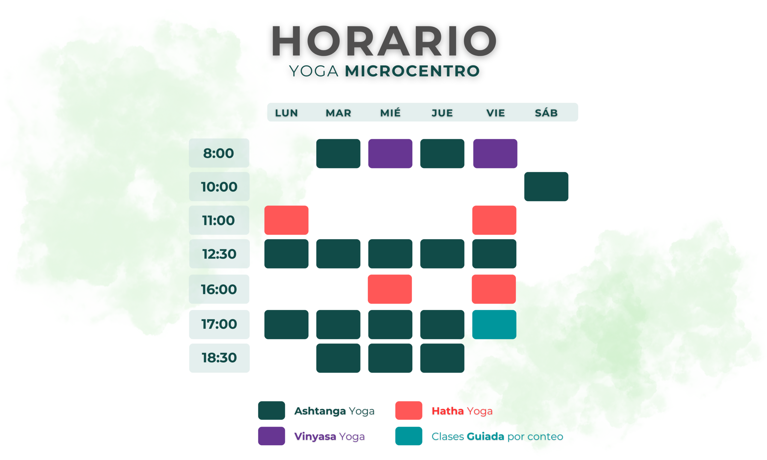 Horario semanal de clases de yoga en Sodhana Yoga Microcentro, con sesiones de Ashtanga, Hatha, Vinyasa y clases guiadas por conteo.