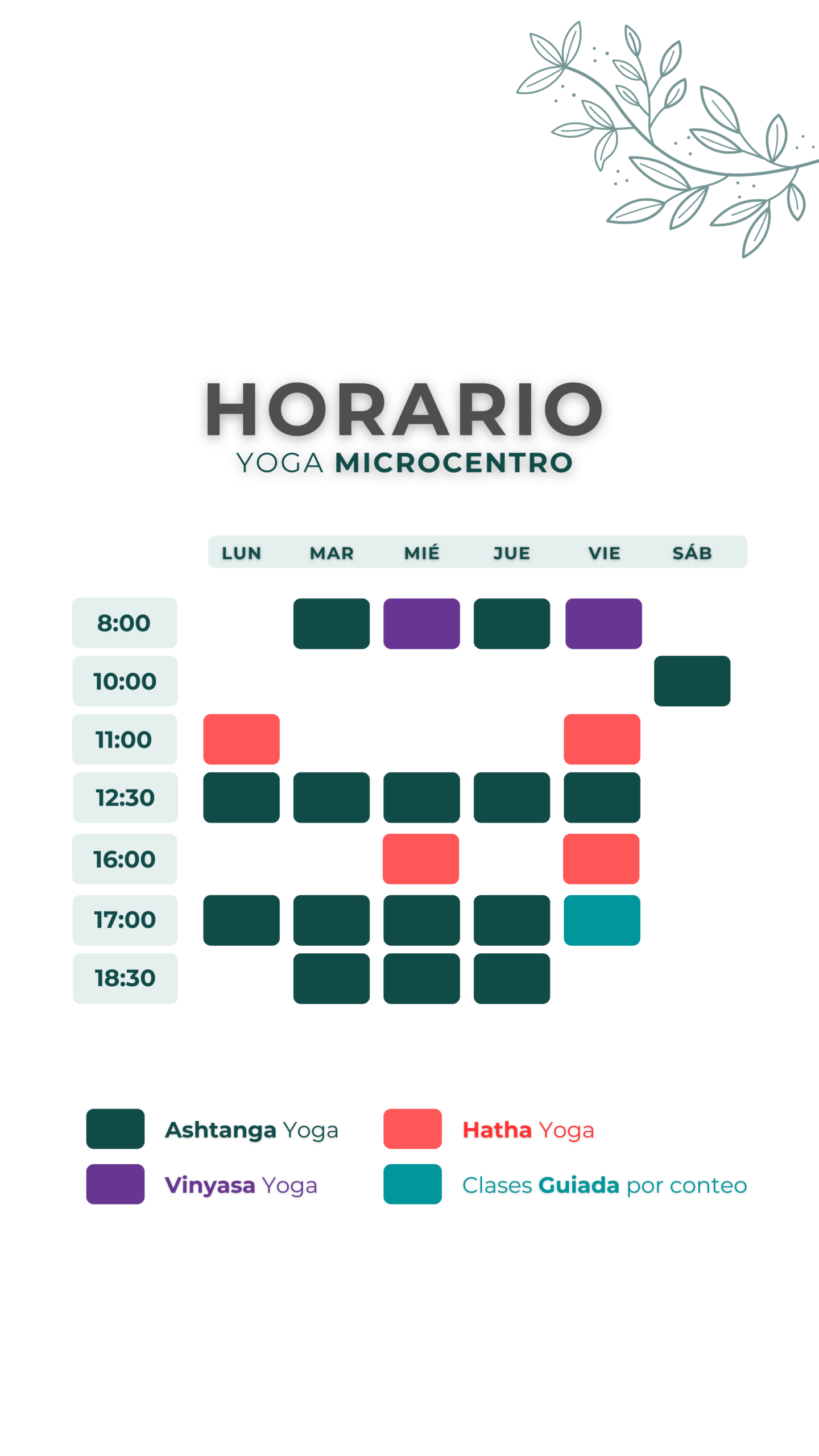 Horario semanal de clases de yoga en Sodhana Yoga Microcentro, con sesiones de Ashtanga, Hatha, Vinyasa y clases guiadas por conteo.