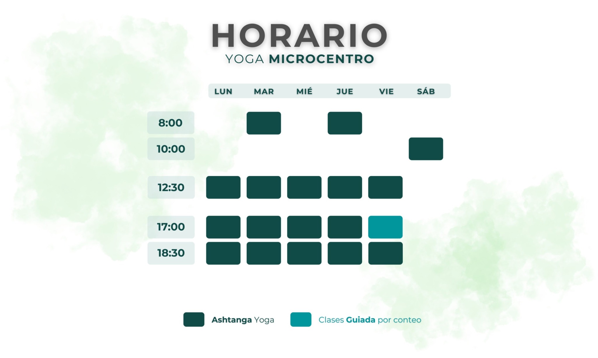Horario semanal de clases de yoga en Sodhana Yoga Microcentro, con sesiones de Ashtanga y clases guiadas por conteo.