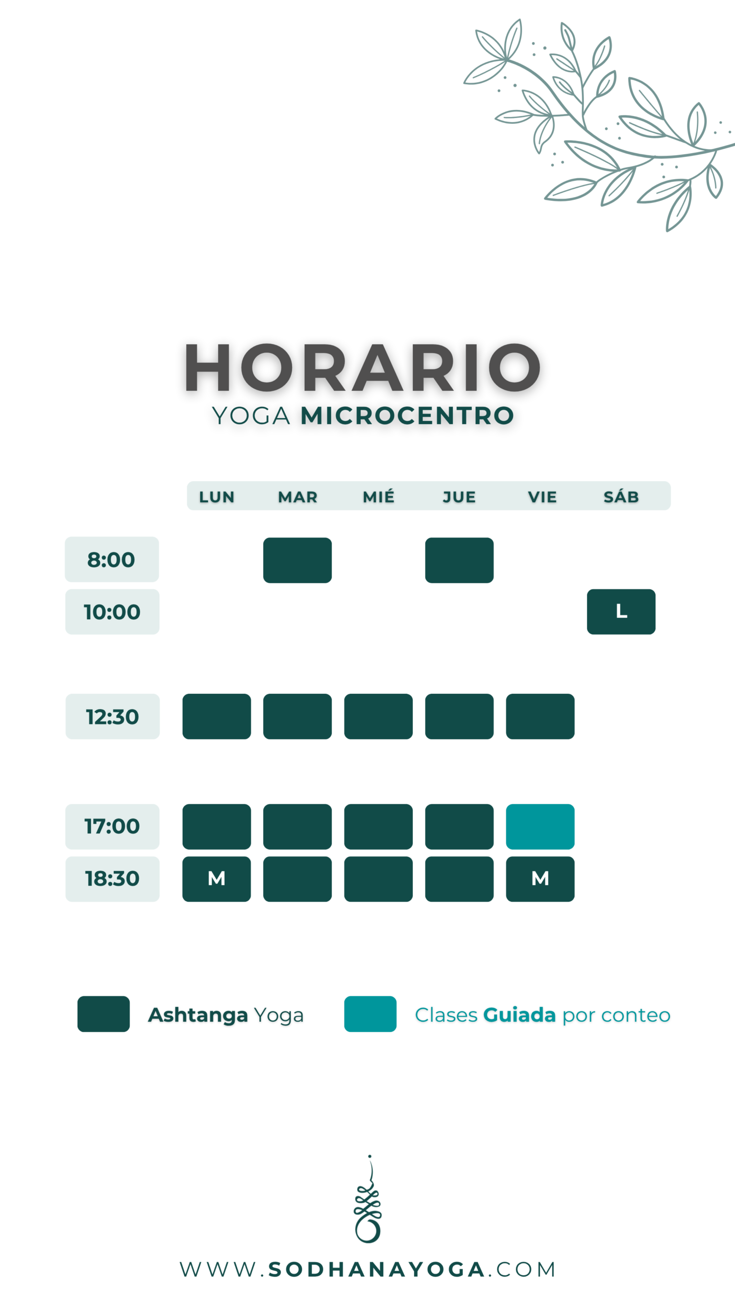 Horario semanal de clases de yoga en Sodhana Yoga Microcentro, con sesiones de Ashtanga,y clases guiadas por conteo.