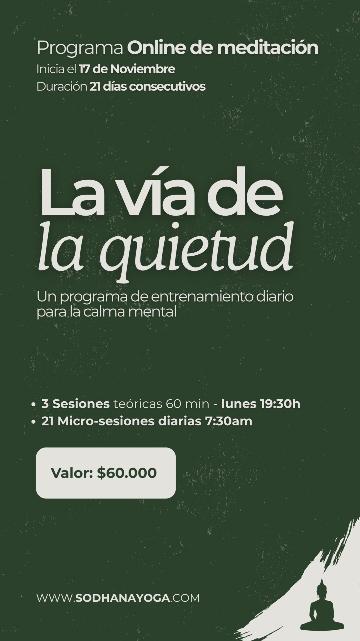 Portada de programa de meditación: La vía de la quietud. Un programa de entrenamiento diario para la calma mental. Con 3 sesiones teoricas y 21 microsesiones practicas