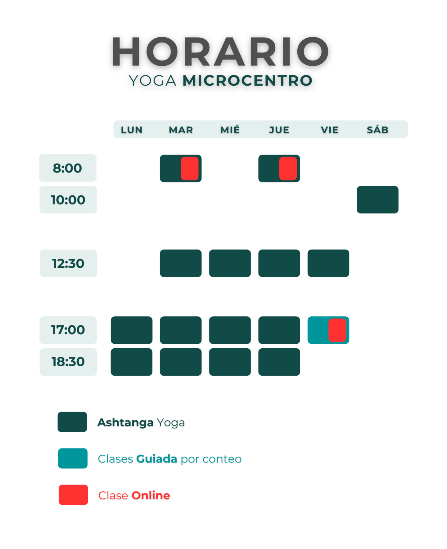 Horario semanal de clases de yoga en Sodhana Yoga Microcentro, con sesiones de Ashtanga y clases guiadas por conteo.
